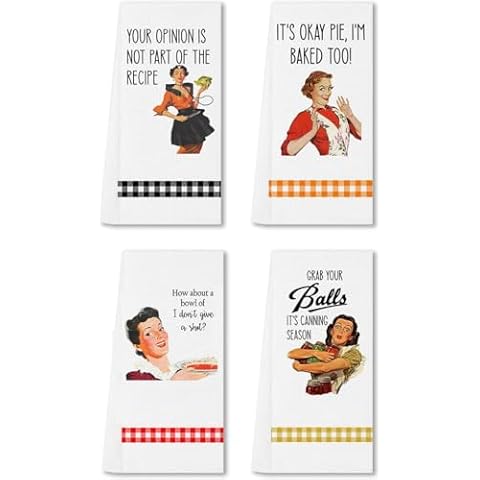 SHIMANY Funny Kitchen Towels Decorative Set of 4, Funny Saying Dish Towels. Absorbent Microfiber Tea Towels. Great Hostess Gift. Retro/Vintage Women Cover
