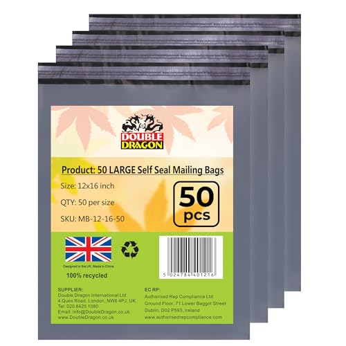 Double Dragon 50-Pack 12x16 Self-Seal Grey Poly Mailer Bags |Self-Seal Shipping Envelopes | Strong Waterproof Tamper-Proof Polythene Packaging for Clothes Bedding & Parcels (Also for Storage)