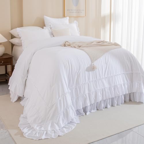 Image of QSH Oversized King Comforter Set 120x120, White Farmhouse Ruffled Bed Comforter Shabby French Country Rustic Vintage Bedding Comforter Microfiber Soft Lightweight Fluffy Bedding 3 PCs