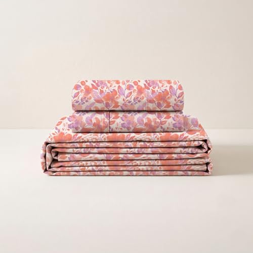 Image of LANE LINEN Symphony | 100% Cotton Sheet Set | Soft & Breathable Fabric | 3 Piece (1 Bedsheet + 2 Pillow Covers) | Super King Bed Sheet Set - Coral & Lavender Painted Leaf