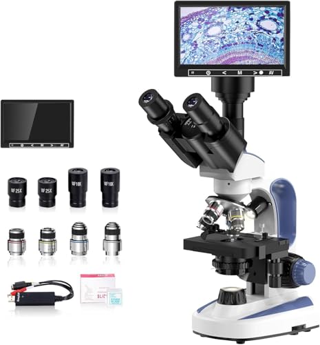 Image of VITANO Microscope for Adults with 40X-2500X Magnification, Dual-View Lab Trinocular Compound Microscope with 7''Screen, Double Layer Mechanical Stage, Dual Illumination, Built in Camera (Blue)