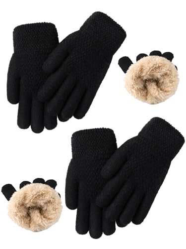 Glooarm 2 Pairs Kids Gloves Winter Thermal Wool Fleece Lined Gloves Thick Knit Glove for Cold Weather Boys Girls Black,9-12 Years