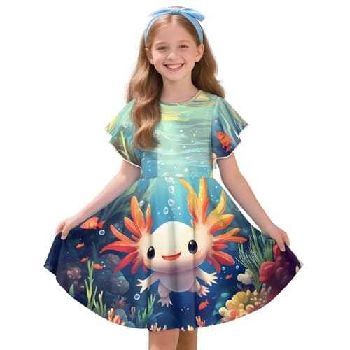 Girls Midi Dress Summer Ruffle Hem Short Sleeve A Line Swing Sundress for Daily Trip School 3-14Y