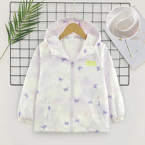 Girls Butterfly Print Outdoor Hooded Jacket Lightweight Zip Up Coat Versatile Cute Outerwear with Pockets for 3-15 Years3