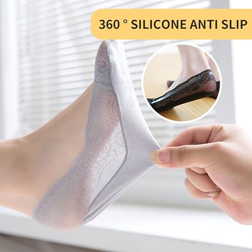 Image of 5 Pairs Low Cut Lace Socks - Ice Silk Thin No Show Non-Skid Boat Socks for Women & Girls