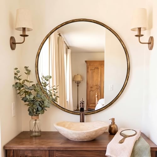 Image of ANDY STAR Hand-Forged Round Gold Mirrors, 32 Inch Antique Brass Hammered Round Bathroom Mirror for Over Sink, for Vanity, Living Room, Vintage, Farmhouse, Rustic, Solid Steel Metal Frame