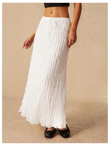 Milumia Women's Textured Drawstring Low Waist Skirt Lettuce Trim Ruffle Flowy Maxi Skirts4
