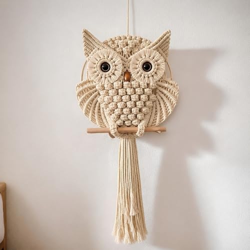Image of tms Bohemian Owl Macrame Wall Hanging, Handcrafted Boho Chic Accent, Yellow Light, 30.5 x 58.4 cm, for Home, Office, or Living Room