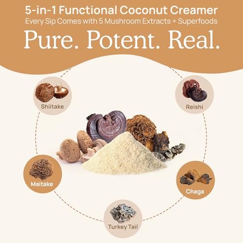 Real Mushrooms Plant-Based Functional Coconut Creamer - Organic Coffee Creamer with Mushrooms, Lucuma Powder & Ceylon Cinnamon - Dairy Free Powder Creamer for Coffee & Smoothies (90 Servings)