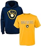 MLB Youth 8-20 Polyester Performance Primary Logo Pullover Sweatshirt Hoodie & T-Shirt 2 Pack Set (10-12, Milwaukee Brewers)