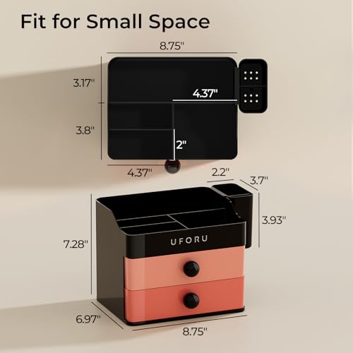 Image of UFORU Makeup Organizer for Vanity with Brush Holder, Countertop Skincare Organizer with 2 Drawers, Spacious Cosmetic Display Case for Perfumes, Eyeshadow Palettes, Nail Polishes