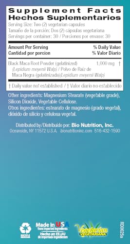 Image of Bio Nutrition Gelatinized Black Maca 60 Vegetarian Capsules | 500 mg Per Capsule | Black Maca Root Supplement | Adaptogenic Herbal Formula