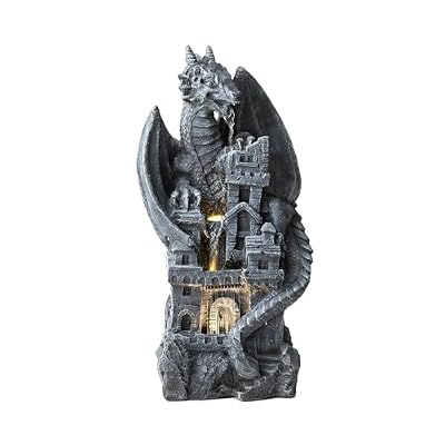 Glitzhome 37"H 4 Tiers Resin Waterfalls Water Fountain, Mystical Gothic Dragon Perched Atop The Castle Sculptural with Pump & LED Light Indoor Outdoor Floor Fountain for Garden Patio Backyard Decking