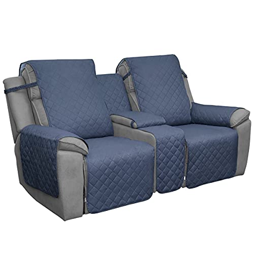 Image of Easy-Going Loveseat Recliner Cover with Console, Reversible Couch Cover for Living Room, Split Sofa Cover for Each Seat with Elastic Straps for Kids, Dogs, Pets(2 Seater, Dark Blue /Light Blue)
