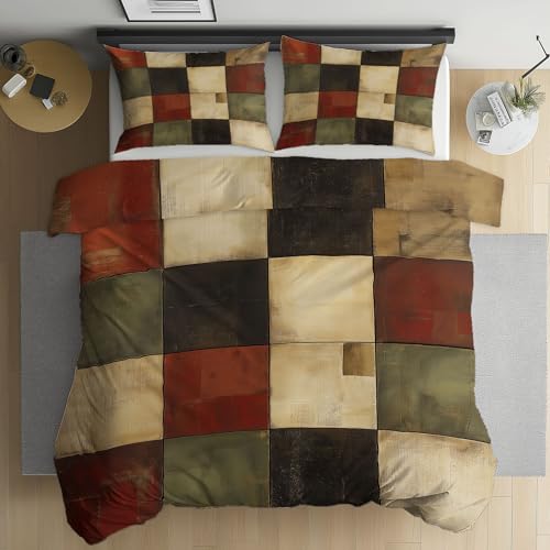 Housse de couette 140x200 patchwork rustique vintage avec sa taie d'oreiller assortie en microfibre