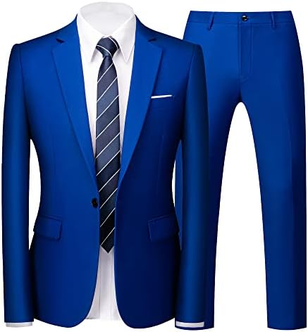 UNINUKOO Men's 2 Piece Suit Slim Fit One Button Solid Formal Wedding Tux Blazer & Pants US Size 30 Colored Blue