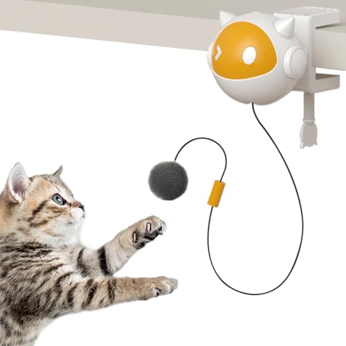 YounBeauty Automatic Cat Toys Ball Lifting Retracting Cat Toy with Feathers, ABS Plastic Nylon Rope, 20”Stretch, No Drill Installation for Indoor Use