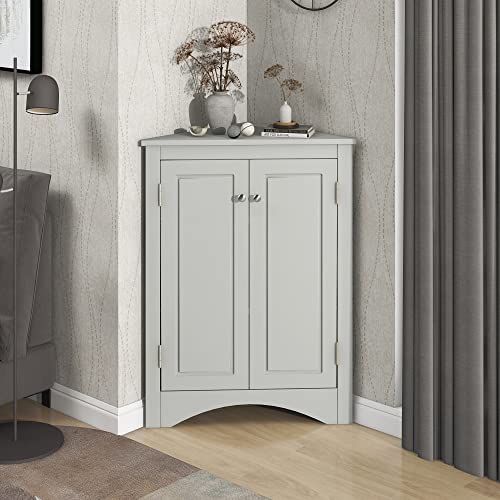 Merax-Corner-Cabinet-with-Adjustable-ShelvesBathroom-Storage-with-Two-Doors-Freestanding-Grey Merax Corner Cabinet with Adjustable ShelvesBathroom Storage with Two Doors Freestanding Grey