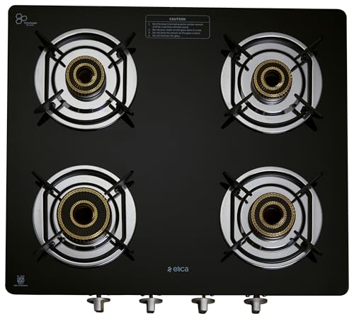Image of Elica 60cm 4 Burner Gas Stove | SAPPHIRE 594 CT VETRO 1J (DT SERIES) | Double Drip Tray | Toughened Glass Top | High Efficiency Vertical Flame Brass Burners | 7 Yr Glass Warranty | Black