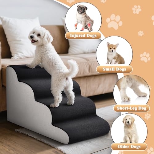 JUOIFIP 4 Stufen Haustiertreppe, Hundetreppe für Kleine Hunde, Hochdichter Schwamm Haustiertreppe Hundetreppe für kleine Hunde, Hunderampe Katzentreppe, Waschbar rutschfest