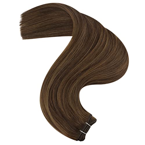 Sew in Hair Extensions Human Hair Weft Extensions 18inch Double Weft Hair Extensions Human Hair Darkest Brown Highlights with Light Brown Sew in Human Hair Extensions Weave Bundles 100g