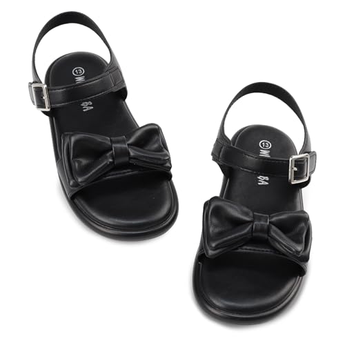 Wulubaba Toddler Girl Sandals Summer Shoes Water Resistant PU Open Toe Flats with Memory Foam Insole Hook & Loop flower Girl Dress Shoes Black Size 8