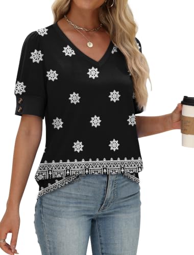 Image of OFEEFAN Womens Tops Short Sleeve Shirts Buttons V Neck Spring Fashion Summer Outfits Plus Size Blouses Dressy Casual