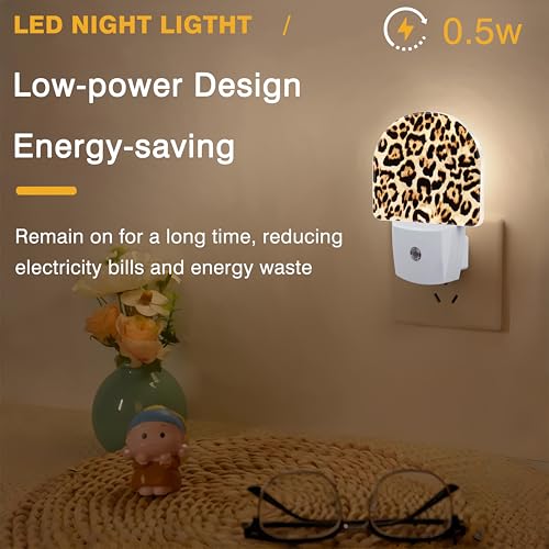 Image of Cheetah Night Lights Plug into Wall Leopard Print Night Light Dusk to Dawn Smart Sensor Decorative Round Led Lamp for Bedroom Kitchen Hallway Nightlight for Women Men