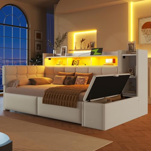 Zepneiy Lit Simple capitonné 90×190 cm avec Port USB etLumières LED, canapé-lit avec 2 tiroirs et Compartiments de Rangement, Tabouret de Rangement au Pied...
