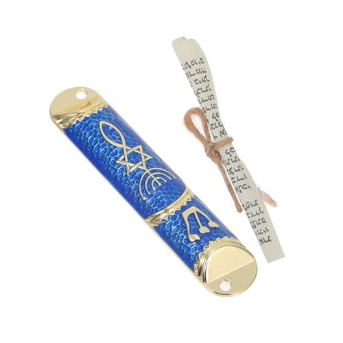 DOITOOL Mezuzah Metálica Clásica Judía con Pergamino Religioso para Decoración de Puerta Placa de Metal Dorada y Azul Ornamento Tradicional para Hogar y Bendición Judaica
