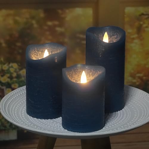 Image of Navy Blue Real Wax Battery Operated Flameless Candles Remote Timer 3 Pack