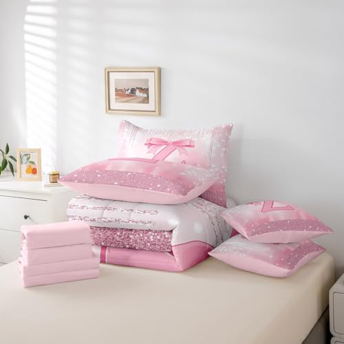 Image of Feelyou Boys Girls Pink Bowknot 7 Pieces Bedding Set Queen Size, Personalized Initial Z Comforter Set with Sheets Princess Glitter Bed in A Bag Kids Bow Monogrammed Teens Bed Set Bedroom Decor 7Pcs