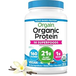 Orgain Organic Vegan 21g Protein + Superfoods Powder, Vanilla Bean, 2.02lb | Plant based protein, 50 superfoods, 8g prebiotic fiber, gluten free, no added sugar, non-GMO, no lactose ingredients