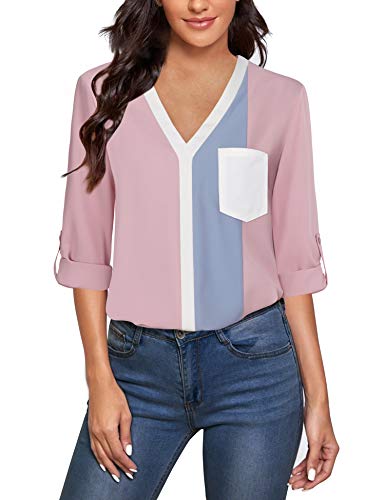 Youtalia Pink Blouses for Women, Ladies Tops for Leggings 3/4 Sleeve Shirts Color Splicing Tops Cute V Neck Tunic Blouses Lightweight Women Shirts Pink Medium