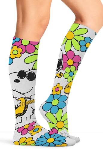 Cherokee Tooniforms Womens 10-15mmHg Compression Socks Knee High Soft Knit Fun Prints Supports Circulation - TPRINTSUPPORT Plus Snoopy Grooves