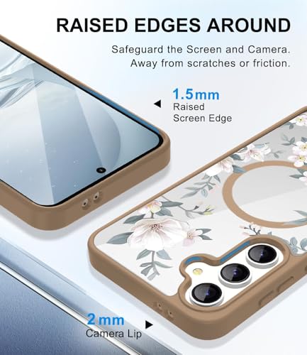 Image of VONZEE Compatible with Samsung Galaxy S25 Plus 5G Case Luxury Retro Flowers Floral for Magnetic Wireless Charging Clear Case Shockproof PC+TPU Cute Glossy Shiny Cover for Girls Women,Desert Titanium