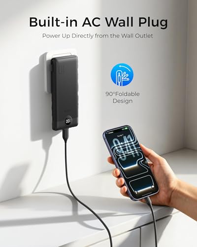 Image of VEGER Portable Charger with Built-in AC Plug and Cables, All in One 10000mAh Ultra Slim Power Bank Travel Essentials, USB C External Battery Pack Compatible with iPhone, Samsung, Android, Black