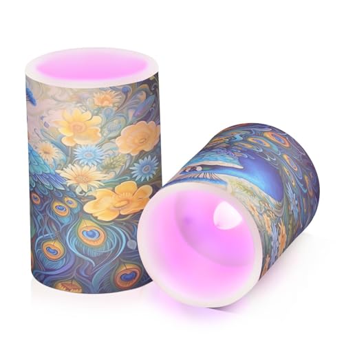 ALAZA Peacock with Blue Yellow Flowers02 Flickering Flameless Candles Battery Operated with Remote Timer,Tea Light Candles LED Pillar Votive Candles Set of 2 for Outdoor Indoor Decorations