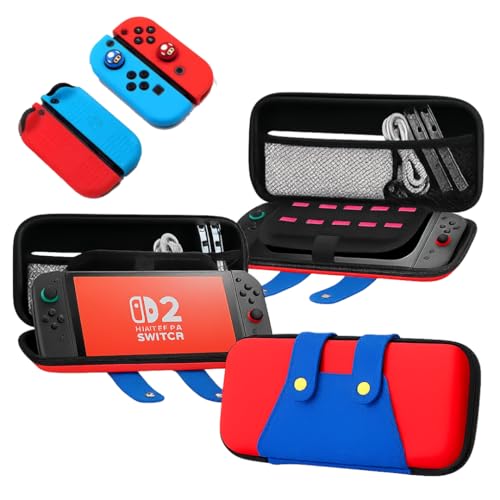 Funda Switch 2 Modelo 2025 incluye REGALO 2 Fundas Silicona Suave y 2 botones Mario Rojo y Azul. Estuche Protector de Viaje portátil rígido con Bolsillos Almacenamiento