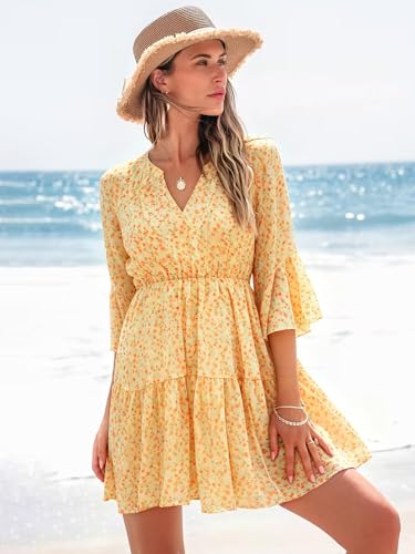 Image of Womens Spring Summer Mini Dress Western Ruffled Sleeve Chiffon V Neck Flowy A Line Short Wedding Guest Party Dresses