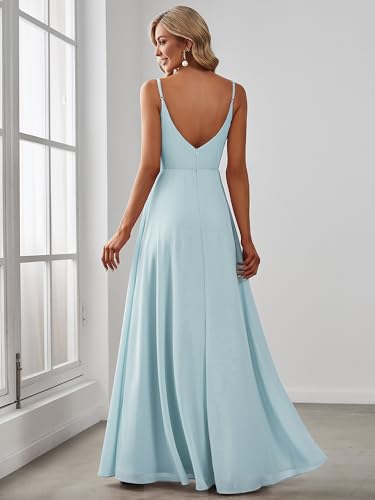 Image of Ever-Pretty Women's Summer Backless Spaghetti Straps Bridesmaid Dresses Chiffon V-Neck Slit Long Formal Wedding Guest Dress