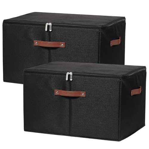 2 Pack Storage Bins with Zipper Lid Cotton Linen Fabric Lidded Storage Baskets Boxes Foldable Washable Closet Shelf Clothes Organizer Container with PU Leather Handles (Black, Jumbo Size)