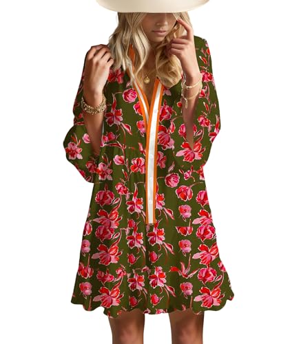 Image of Summer Dresses for Women 2026 Flowy Ruffle 3 /4 Sleeve V Neck Tiered Casual Babydoll Boho Beach Mini Dress