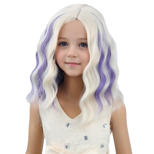 Image of PATTNIUM Blonde Mixed Blue Wig for Kids Girls Short Blonde Blue Wigs Side Part Shoulder Length Wavy Heat Resistant Synthetic Wig