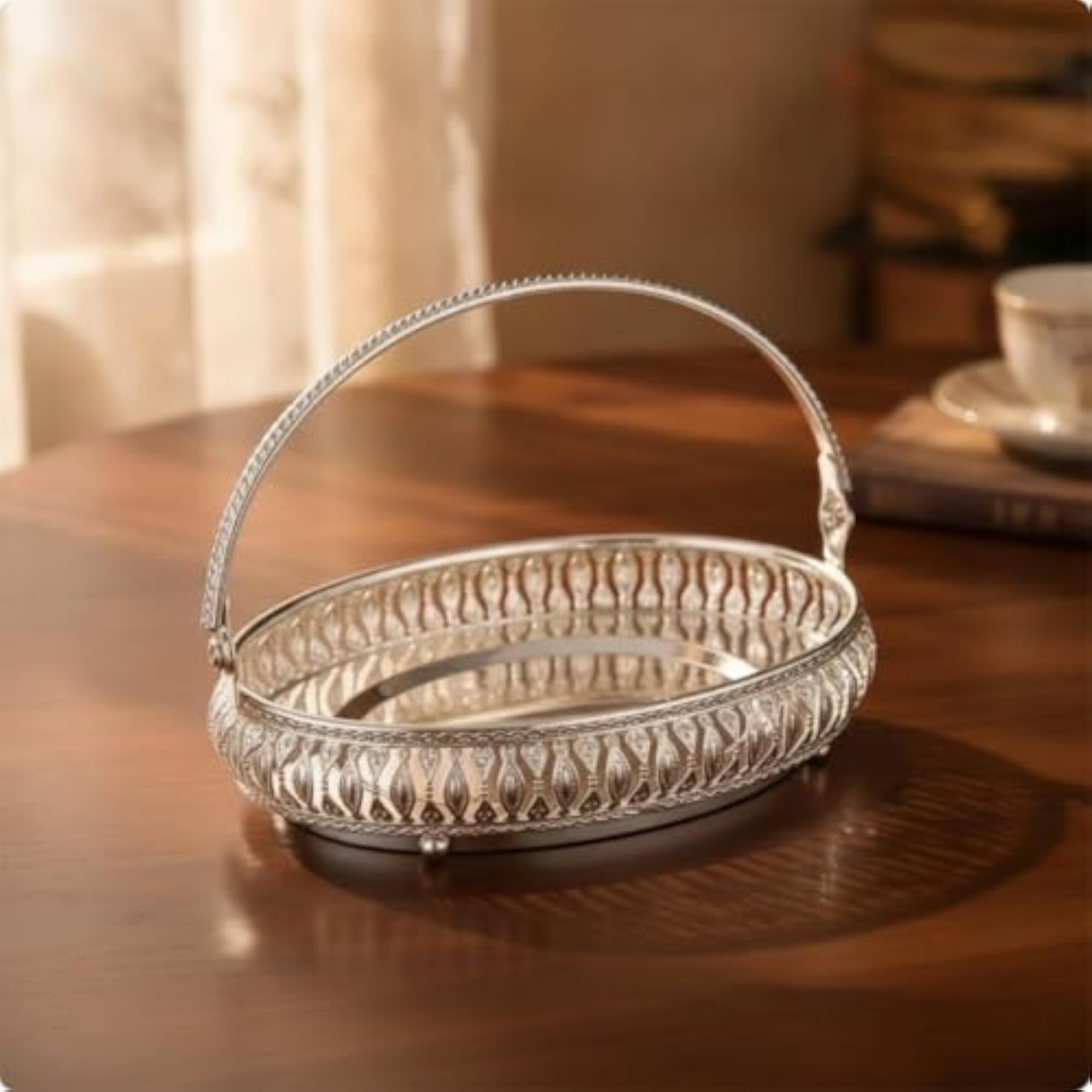 Silver-Finished Metal Serving Basket with Handle, Decorative