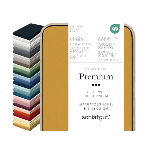 Schlafgut Premium Spannbettlaken 95% Mako Bio Baumwolle & 5% Elasthan Made in Green by Oeko Tex (90x190cm bis 100x220cm Matratzenhöhe von 18 bis 35 cm, Yellow Deep)