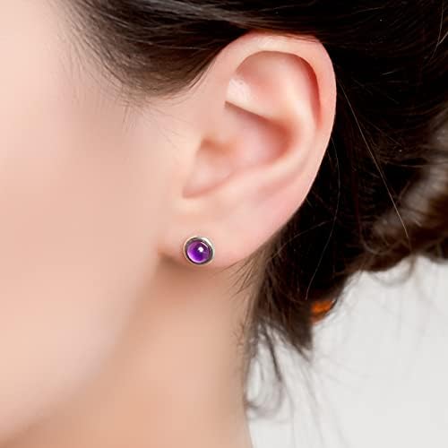 Natural Gemstone and Sterling Silver Simple Minimal Round Stud Earrings