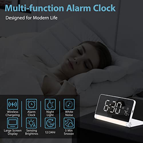 Digital Alarm Clock With Wireless Charging,Automatic Light Sensing Dimmer And Dual Alarm, 3 Colors Night Light, 5 Kinds White Noise Sleep-Aid Music, Led Clock For Bedroom, Desk, Office (White) #TOP1