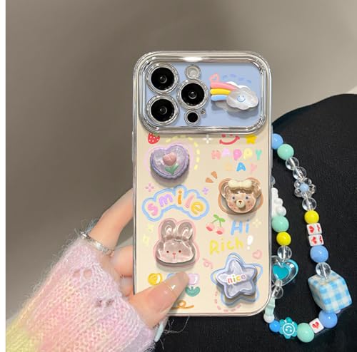 Coque iPhone 15 Pro motif floral girly avec poignet bleu pour sorties et selfies réussis