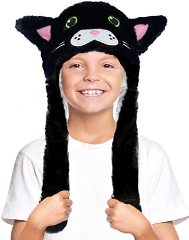 Kobataro Black Cat Plush Hat Animal Hat with Moving Ears Flaps Christmas Halloween Birthday Gift for Kids